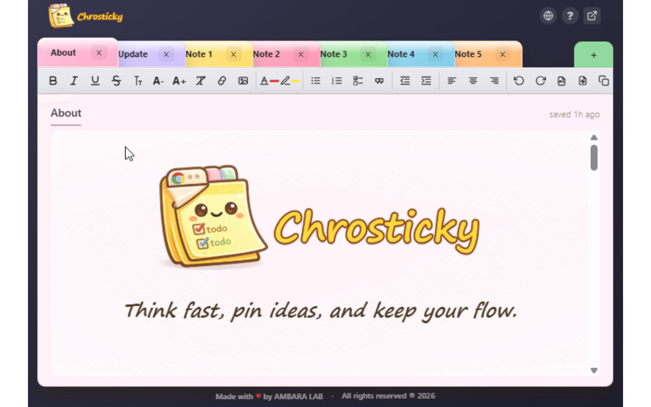 Chrosticky sticky notes extension showing About page with colorful tabs