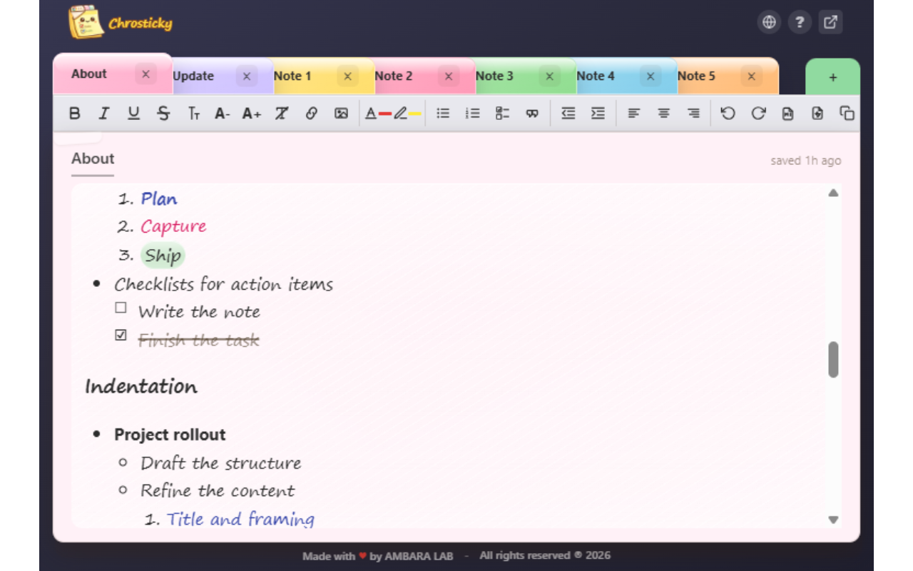 Chrosticky with colorful tabs showing lists, checklists, and rich formatting